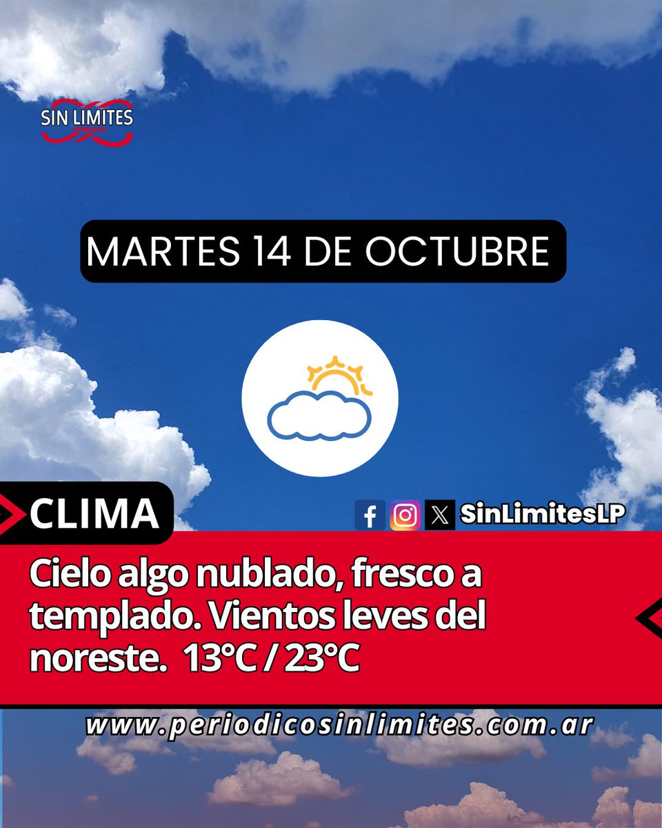 #BuenMartes | El pronóstico para hoy indica cielo algo nublado, fresco a templado. Vientos leves del noreste.
13°C / 23°C