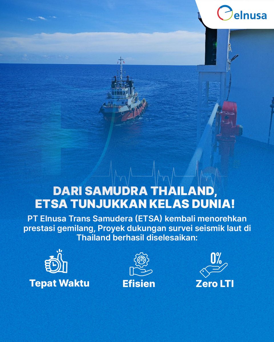 elnusa_official's tweet image. Hai Elnusian👋🏻

Kali ini kabar gembira datang dari anak usaha Elnusa🤩

PT Elnusa Trans Samuder (ETSA) sukses mendukung proyek survey seismik laut di Thailand dengan tepat waktu, efisien, dan tanpa insiden kerja (Zero LTI). 🌊
#Elnusa 
#ETSA
#ZeroLTI