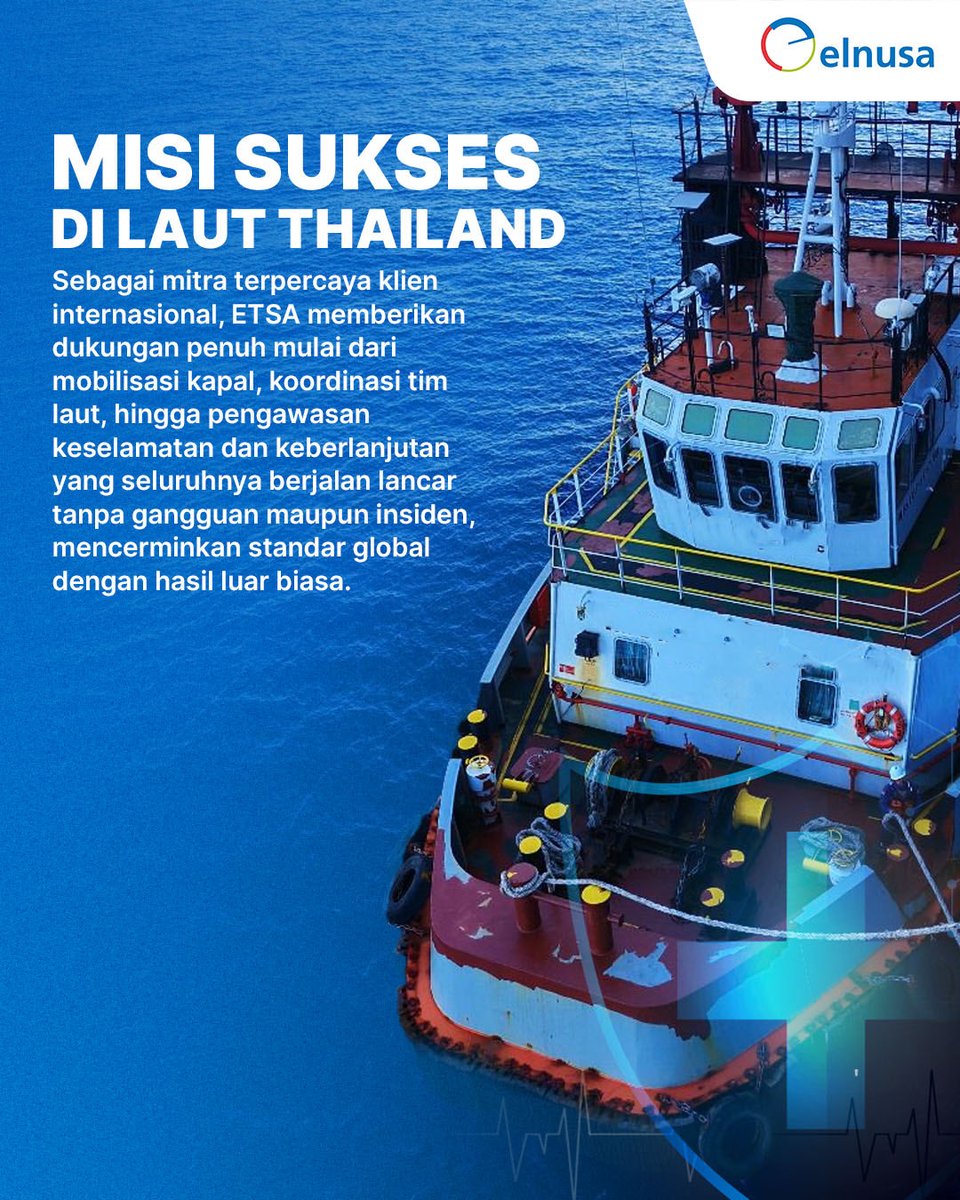 elnusa_official's tweet image. Hai Elnusian👋🏻

Kali ini kabar gembira datang dari anak usaha Elnusa🤩

PT Elnusa Trans Samuder (ETSA) sukses mendukung proyek survey seismik laut di Thailand dengan tepat waktu, efisien, dan tanpa insiden kerja (Zero LTI). 🌊
#Elnusa 
#ETSA
#ZeroLTI