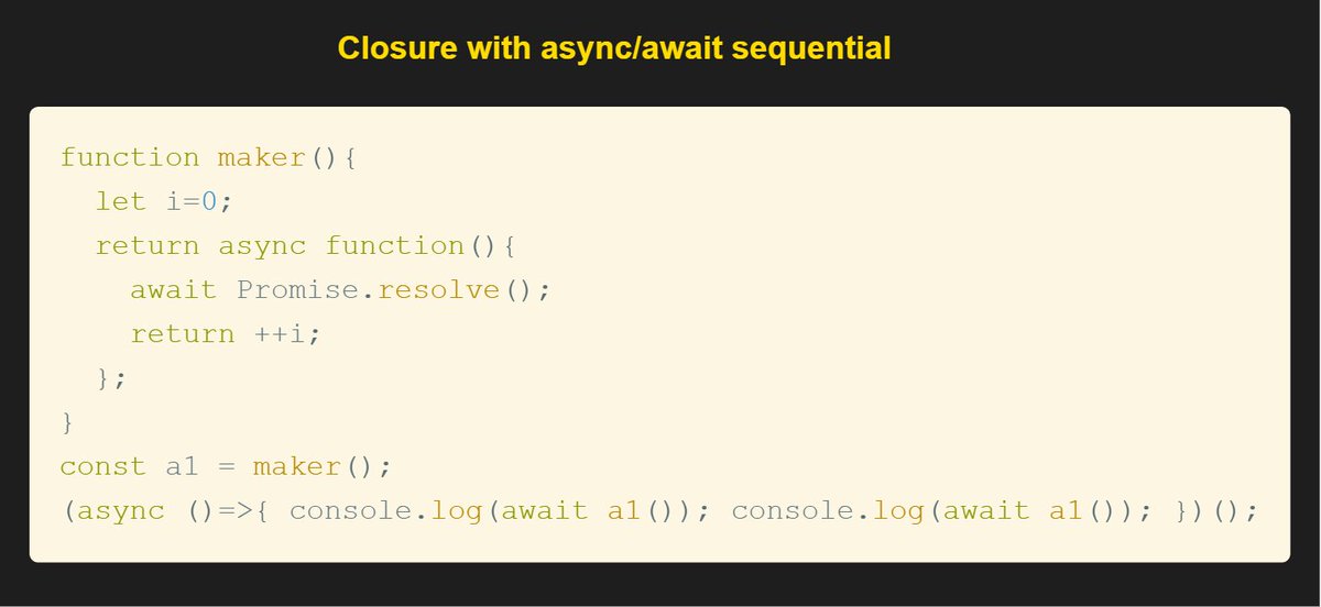 koomekelvink's tweet image. Javascript closures survive async/await suspend/resume boundaries; `i` increments across awaits.
Closure challenge ->
peelcode.devsip.tech/peel/closure/i…
#javascriptlearning #javascripttips #SoftwareDevelopment #SoftwareEngineering #buildinpublic #letsconnect #100DaysOfCode