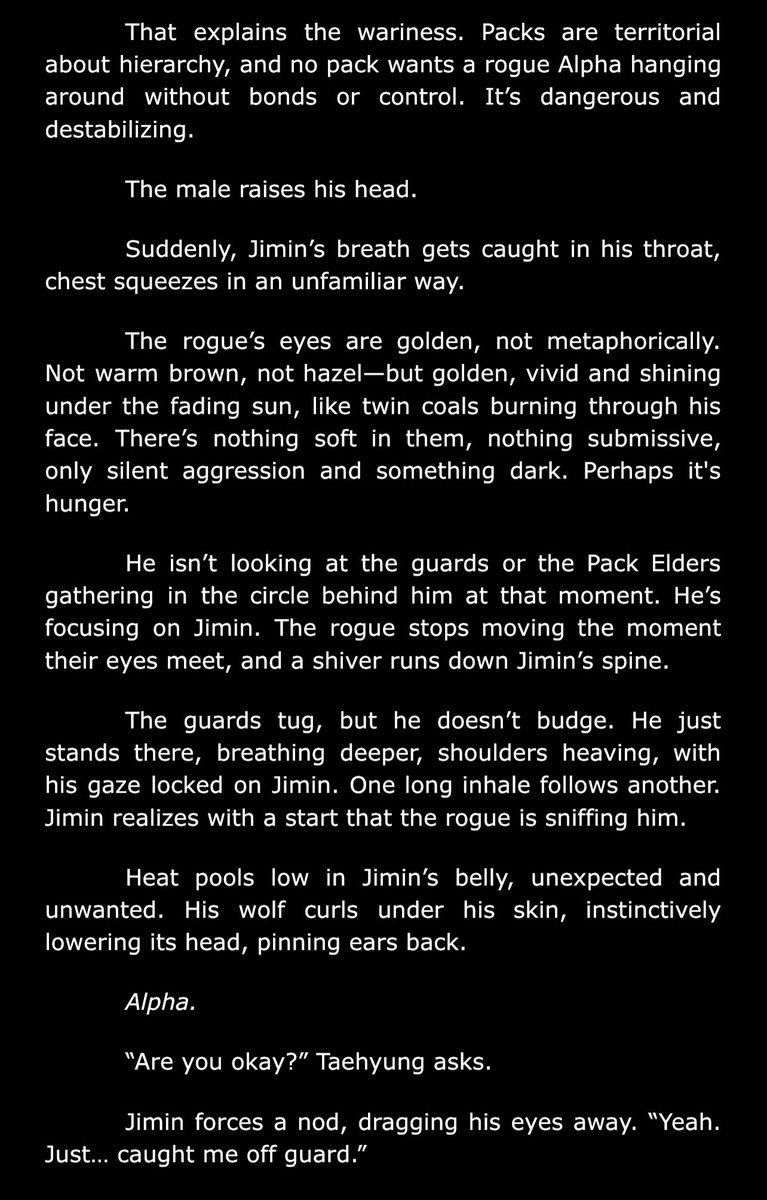 some snippet of rogue jk x omega caretaker jm for hungry ppl (its a wip im currently editing so i hope ill be able to post is on ao3 soon) 🐺