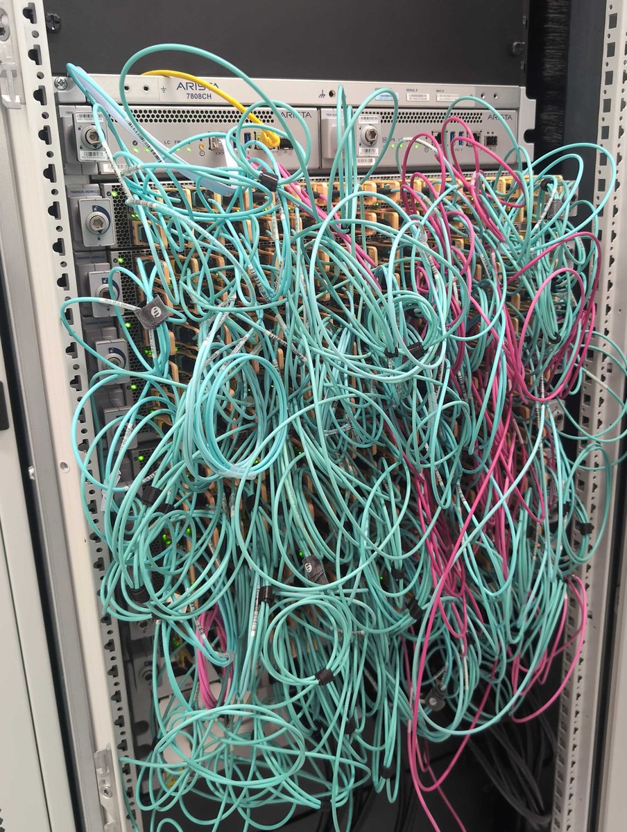 288 x 400GE ports in one box.

Arista 7808 @ testing lab.

8 x 36 x 400G cards.

Each cable is 2 x 400GE link for internal load tests.

Power usage 11 kW standby, with load up to 17 kW.

Realistic routing capacity: 50 Tbps

Soon 2 x in production @ Singapore POP, CDN77 network.