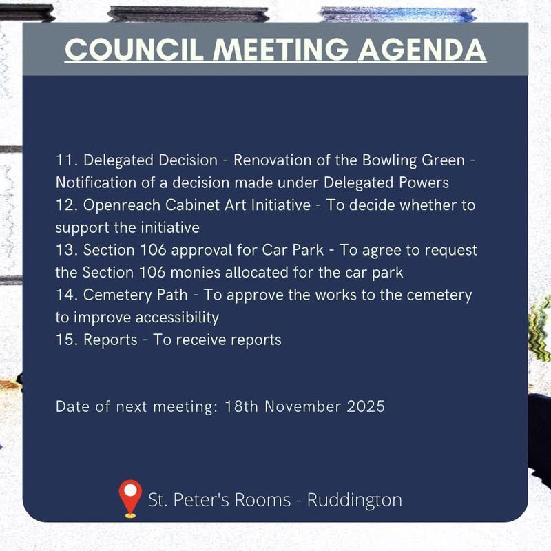 RUDDINGTON_info's tweet image. EVENT: Villagers are invited to this month’s @RuddingtonPC meeting tonight. 🗣️

#Ruddington #democracy #HaveYourSay