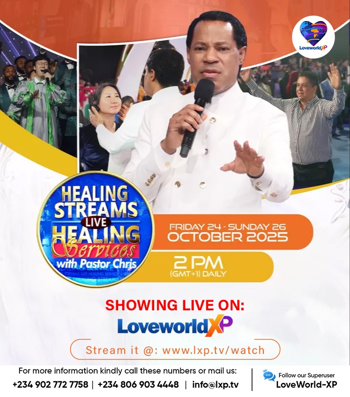 The Healing Streams Live Healing Services with Pastor Chris is here!
Get ready to witness the supernatural, experience healing, and walk in divine health!🔥

📅 Fri 24th – Sun 26th October 2025
🕑 2PM (GMT+1) Daily
📺 Showing LIVE on LXP