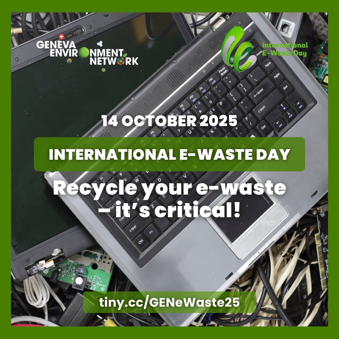 GENetwork's tweet image. 14 October is #eWasteDay!
 
In the face of the growing need for clean energy transition, this year highlights the potential for critical raw materials to be recovered from unused or broken electronic products.
 
Learn how #GENeva tackles such challenges ▶️ tiny.cc/GENeWaste25