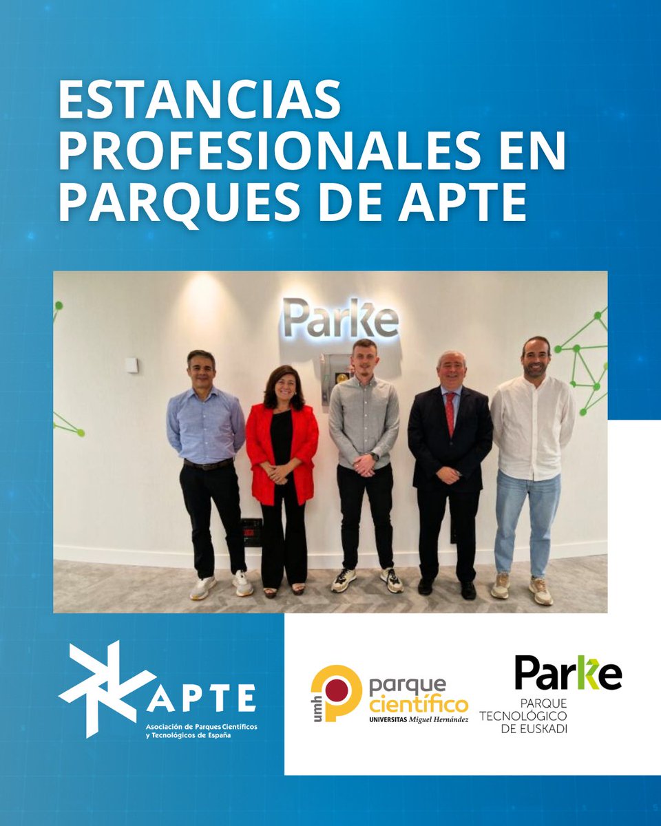 🤝 ¡Seguimos fortaleciendo la colaboración entre parques científicos y tecnológicos miembros de #APTE!

El <a href="/PcientificoUMH/">Parque Científico UMH</a> ha visitado el <a href="/ParkeEuskadi/">Euskadiko Parke Teknologikoa</a> en el marco de nuestra iniciativa “Estancias Profesionales".

#LosParquesAportan