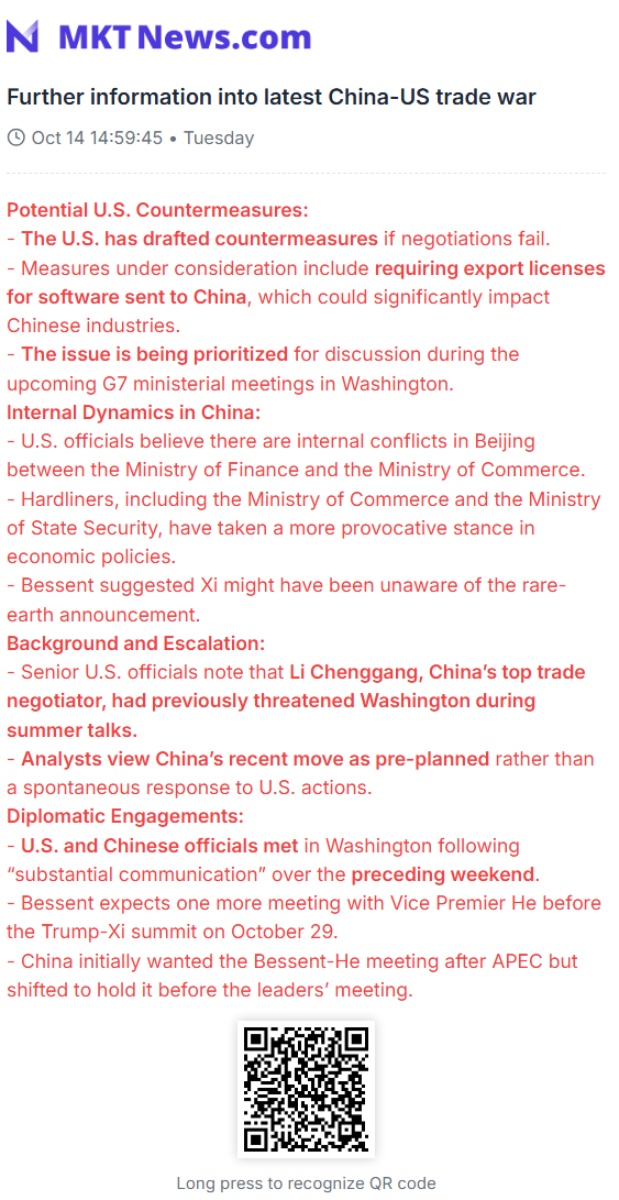 Sino_Market's tweet photo. 🇨🇳🇺🇸Further information into latest China-US trade war
Potential U.S. Countermeasures:
- The U.S. has drafted countermeasures if negotiations fail.
- Measures under consideration include requiring export licenses for software sent to China, which could significantly impact Chinese industries.
- The issue is being prioritized for discussion during the upcoming G7 ministerial meetings in Washington.

Internal Dynamics in China:
- U.S. officials believe there are internal conflicts in Beijing between the Ministry of Finance and the Ministry of Commerce.
- Hardliners, including the Ministry of Commerce and the Ministry of State Security, have taken a more provocative stance in economic policies.
- Bessent suggested Xi might have been unaware of the rare-earth announcement.

Background and Escalation:
- Senior U.S. officials note that Li Chenggang, China’s top trade negotiator, had previously threatened Washington during summer talks.
- Analysts view China’s recent move as pre-planned rather than a spontaneous response to U.S. actions.

Diplomatic Engagements:
- U.S. and Chinese officials met in Washington following “substantial communication” over the preceding weekend.
- Bessent expects one more meeting with Vice Premier He before the Trump-Xi summit on October 29.
- China initially wanted the Bessent-He meeting after APEC but shifted to hold it before the leaders’ meeting. 
#CHINA $SHCOMP $SSEC $ASHR $HSI $KWEB $FXI $HXC $DRAG $YINN $YANG  #CHINA #US #TRUMP #TARIFFS 
https://t.co/O24s6K5UiH