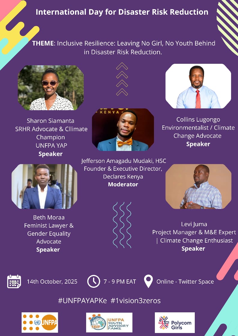 Disasters know no borders — but resilience can unite us. 

This #IntlDRRDay, we’re bringing together brilliant youths &amp; gender advocates from Kenya &amp; beyond to reimagine a climate-safe world. 
  
 Don’t miss out.x.com/i/spaces/1nAKE…
 
#UNFPAYAPKe #IDDRR2025
#fundresilience