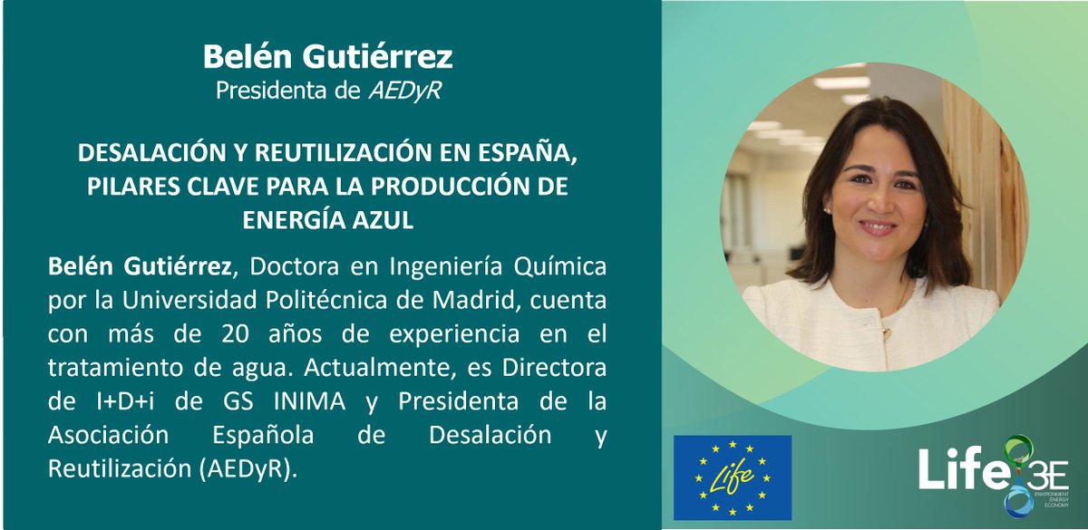 life3e's tweet photo. Tras la apertura de la jornada a cargo de Pedro, damos paso a Belén Gutiérrez, Presidenta de @AEDyR_es , que compartirá su visión sobre la importancia de la desalación y la reutilización como pilares clave para la producción de energía azul. https://t.co/v9j7PYb92r https://t.co/7FcsQCGaRf