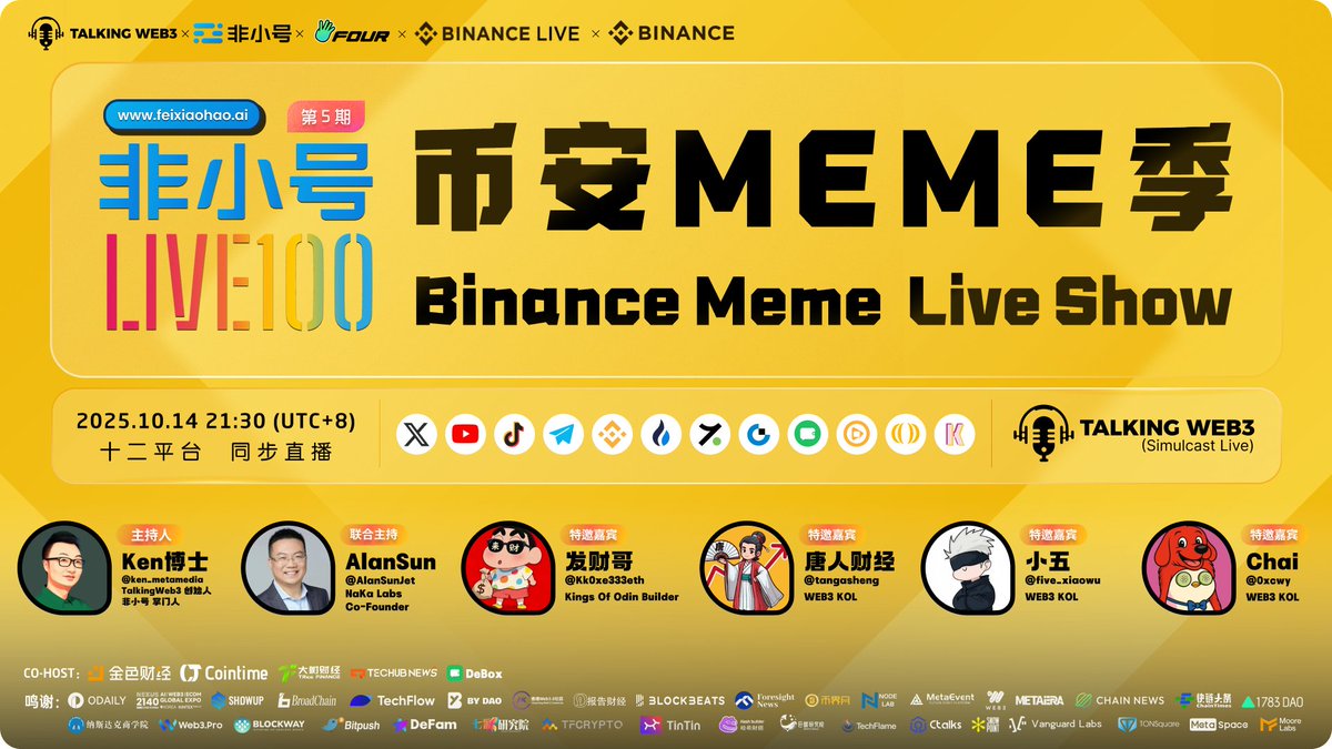 0xTalkingWeb3's tweet image. 【#非小号LIve100 Meme季 】:《币安 Meme Live Show》第5期 直播预告!
🎁听非小号Space,打币安Meme,赢1000U等值 $修仙 空投!
上期,我们深挖币安中文Meme爆款叙事、BSC生态优势、如何挑选优质Meme币,到Meme文化能否持久等话题展开,嘉宾们分享了从BabyDoge到RATS的案例,剖析了BNB…