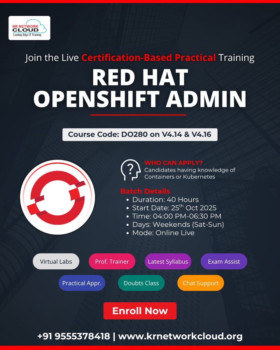 KRNetworkCloud1's tweet image. 🚀 Master Red Hat OpenShift The Future of Hybrid Cloud & DevOps!
👉 Fill out the enquiry form below to reserve your seat:
🔗 forms.gle/akCh4oYpD9u7Db…
#OpenShiftTraining #RedHatCertified #Kubernetes #DevOps #HybridCloud #Containerization #CloudComputing #EX280 #KRNetworkCloud