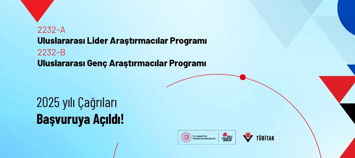 📢TÜBİTAK’ın 2232-A Uluslararası Lider Araştırmacılar Programı ve 2232-B Uluslararası Genç Araştırmacılar Programı 2025 yılı çağrıları açıldı.

⏳Son başvuru tarihi: 24/11/2025

Detaylı bilgi için: tubitak.gov.tr/tr/duyuru/2232…