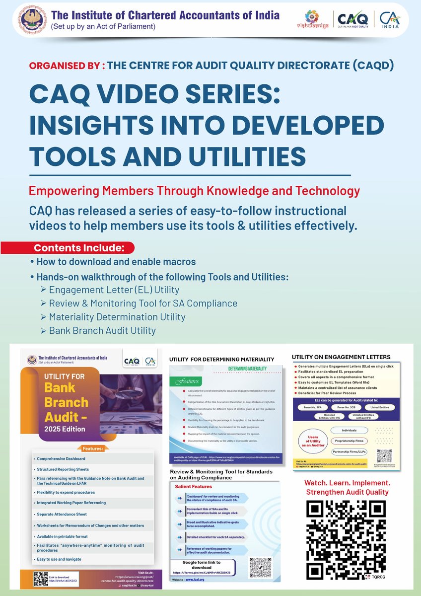 Easy-to-follow instructional videos to help members use the tools &amp; utilities developed by CAQ effectively.
Watch at - shorturl.at/DR7i2

<a href="/CAPramodLunawat/">CA. Pramod Jain</a> <a href="/cavishaldoshi/">Vishal Doshi</a> <a href="/theicai/">Institute of Chartered Accountants of India - ICAI</a> 
#utility #audittools #auditquality #ca #auditor #cafirms #Video #tools