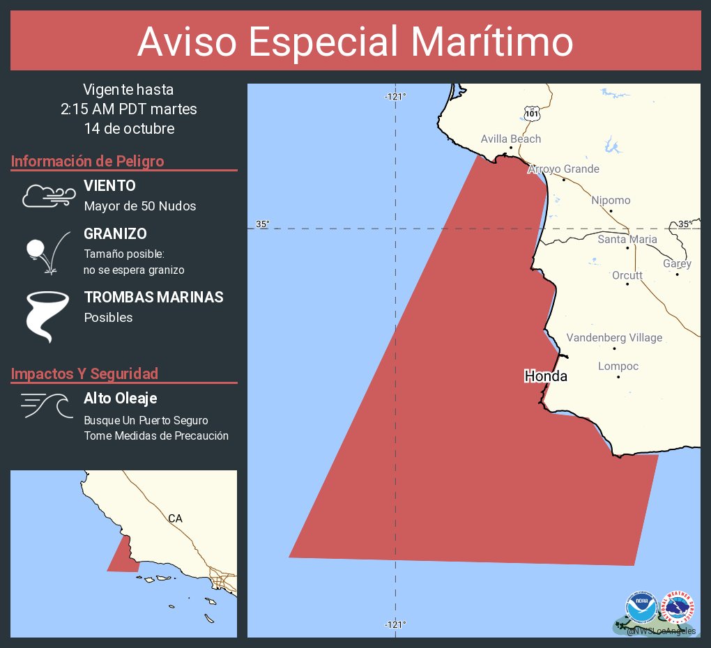 NWSLosAngeles's tweet image. Aviso Especial Marítimo incluye Aguas desde Pt. Sal a Isla Santa Cruz CA y 60 mn al oeste incluyendo las Islas San Miguel y Santa Rosa , Point Piedras Blancas a Point Sal de 10 a 60 MN y Point Piedras Blancas a Point Sal hacia el oeste hasta 10 MN hasta las 2:15 AM PDT
