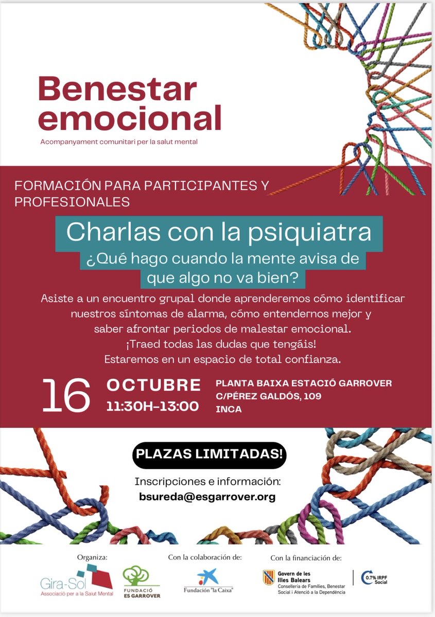 Quan la ment ens demana ajuda, no ho hem de viure en silenci.

Aquest dijous feim una nova trobada a Inca per compartir dubtes i cuidar-nos en comunitat.

📩 bsureda@esgarrover.org — places limitades!

De la mà del programa Benestar Emocional, finançat per <a href="/GOIB_Social/">Conselleria de Famílies, Benestar i Dependència</a> via IRPF.