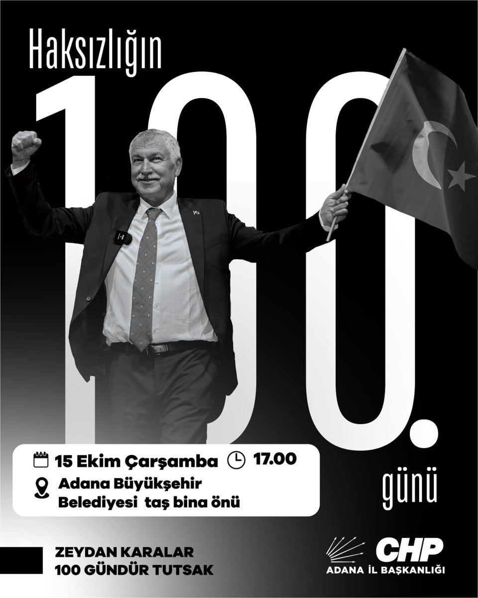 Haksızlığın 100. Günü!

Haksızlığa, hukuksuzluğa karşı olan, sandıktaki iradesine sahip çıkmak için Zeydan Başkanın tüm hemşehrilerini 15 Ekim Çarşamba günü, Adana Büyükşehir Belediyesi Taş Bina önünde Zeydan Başkan için dayanışmaya bekliyoruz.
