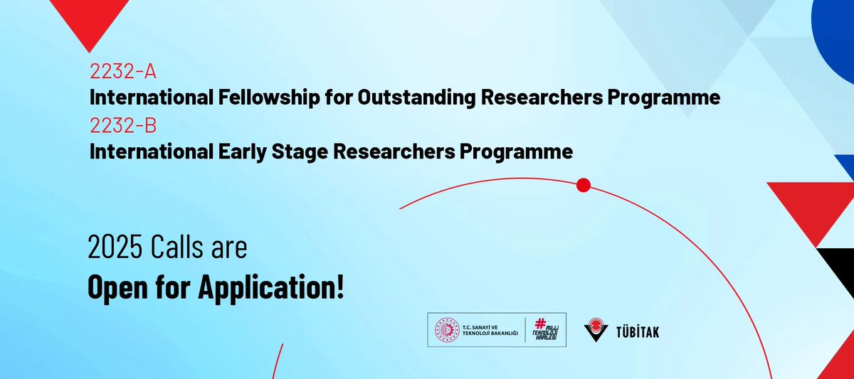 📢Applications for TÜBİTAK's 2232-A International Fellowship for Outstanding Researchers and 2232-B International Fellowship for Early Stage Researchers programmes are open!  

⏳Application deadline: 24.11.2025  

Details and online application: tubitak.gov.tr/en/announcemen…
