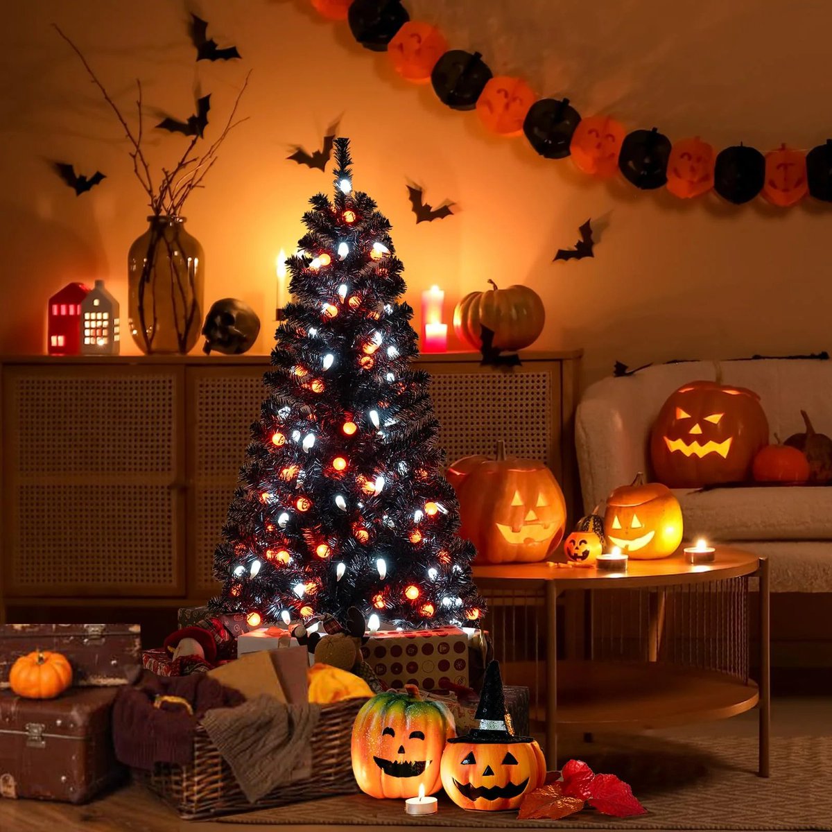 Goplusuper's tweet image. Light up your haunt! 🎃 
The Goplus 4.5 FT Pre-Lit Halloween Tree features 6 spooky lighting modes and syncs with music for a chilling display. 

#HalloweenTree #SpookyLights #HauntedDecor