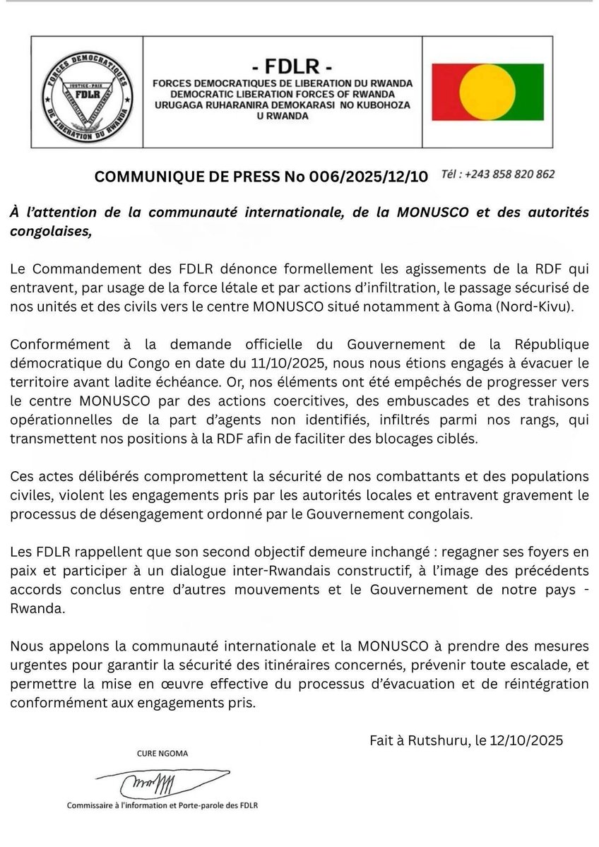 #RDC : Les #FDLR favorables pour leur contonement dans des centres de la #MONUSCO. Ils dénoncent cependant l'infiltration de leurs troupes par certains éléments #RDF et demandent la garantie sécuritaire de leurs itinéraires.