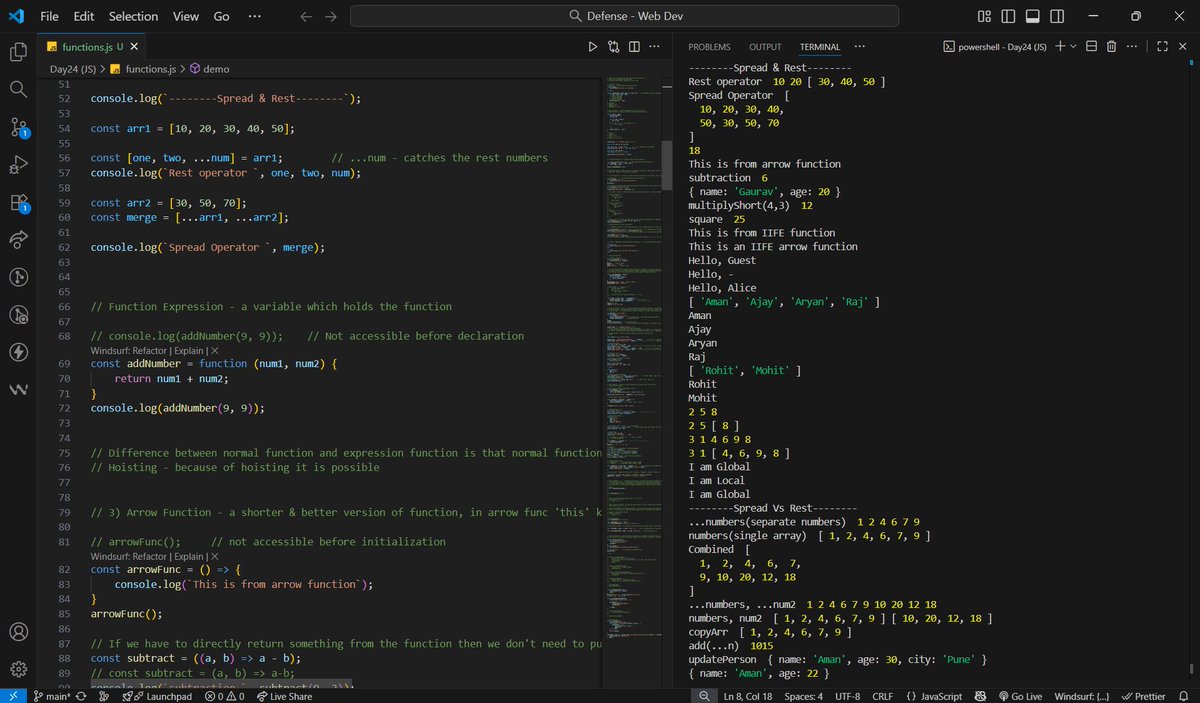 gauravp012's tweet photo. Day 24: JavaScript functions
✅ Function syntax, parameters, return
✅ Declarations vs expressions, hoisting
✅ Arrow functions, scope
✅ IIFE, callbacks &amp; private state
JS functions make reusable, private &amp; async code easy!

Thanks to @rohit_negi9
#WebDevJourney #JavaScript https://t.co/ut2CdAsZ9s