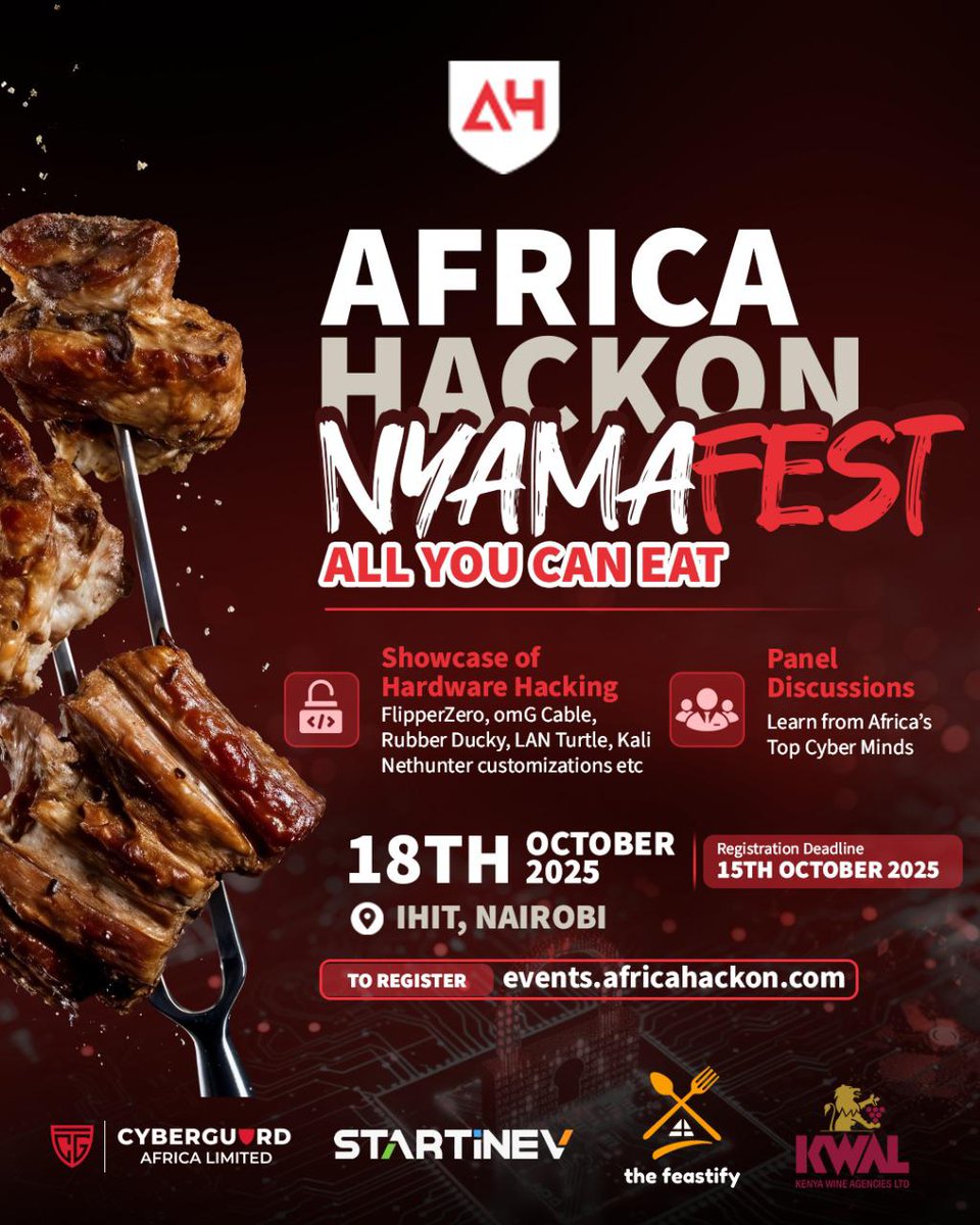 BRIGHTZEED's tweet image. Few days to Africahackon Nyamafest where we will discuss various thematic areas when it comes to Cyber security in a chilled mode whilst having lost of Nyama choma.

Tickets close Thursday at Noon and there will not be sales of tickets at the entrace.

Looking forward to great…
