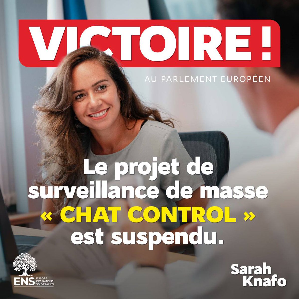 GENGIS9999's tweet image. Sarah Knafo, encore une fois seule à défendre nos libertés

🚨 CHAT CONTROL : Une première victoire 

Sous notre pression, la discussion sur le projet #ChatControl vient d’être reportée. Ce texte permettrait la surveillance de tous nos messages privés, photos et conversations.…