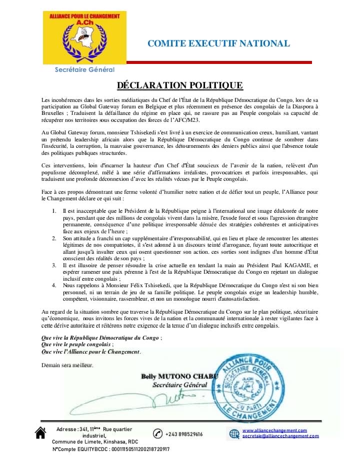 #RDC: Dans un communiqué publié récemment, l’Alliance pour le Changement, parti de l’opposant <a href="/kabund_jmkkrock/">Jean Marc KABUND-A-KABUND</a>, fustige les déclarations du président Félix Tshisekedi lors de sa participation au Global Gateway Forum en Belgique et d’une rencontre avec la diaspora congolaise à
