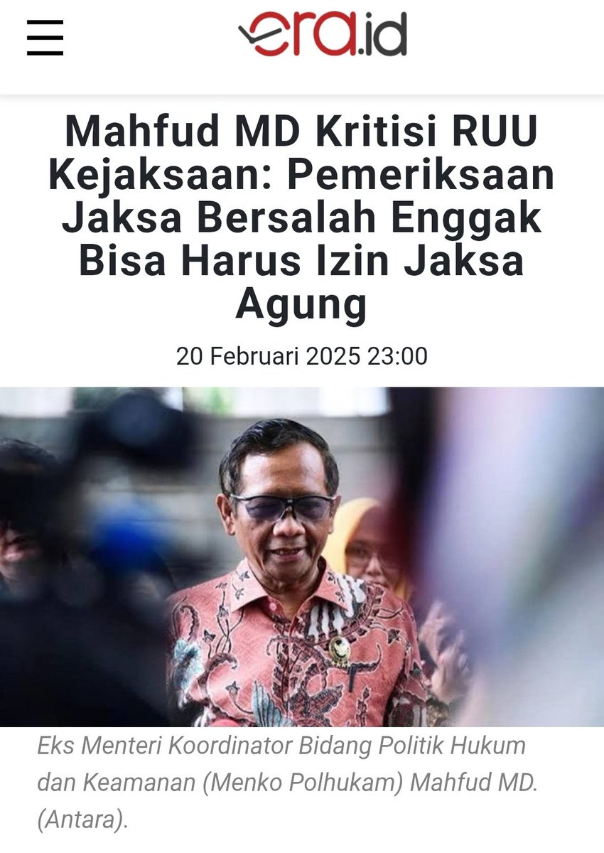 Makin makin deh kalo lolos.. 😌
.. 
Mahfud MD menolak penambahan kewenangan bagi jaksa melalui RUU Kejaksaan.
Yg salah satunya, harus adanya izin dari Jaksa Agung untuk memeriksa jaksa yang terlibat tindak pidana.

era.id/nasional/17406…