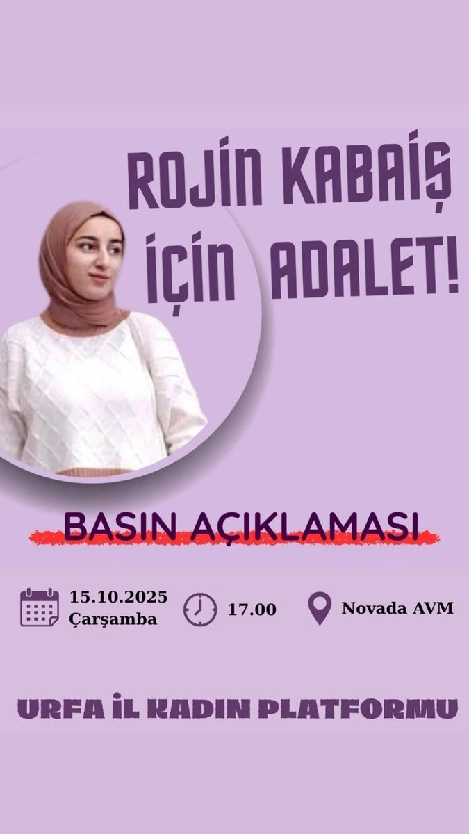 Şanlıurfa Barosu Kadın Hakları Merkezi olarak bileşeni olduğumuz Urfa İl Kadın Platformu ile yapılacak olan basın açıklamasına desteklerinizi bekliyoruz, 
biliyorsunuz ki sizsiz bir eksiğiz .
#rojinkabaiş 

Zaman :15.10.2025 Çarşamba 
Yer. :Novada AVM
Saat :17.00