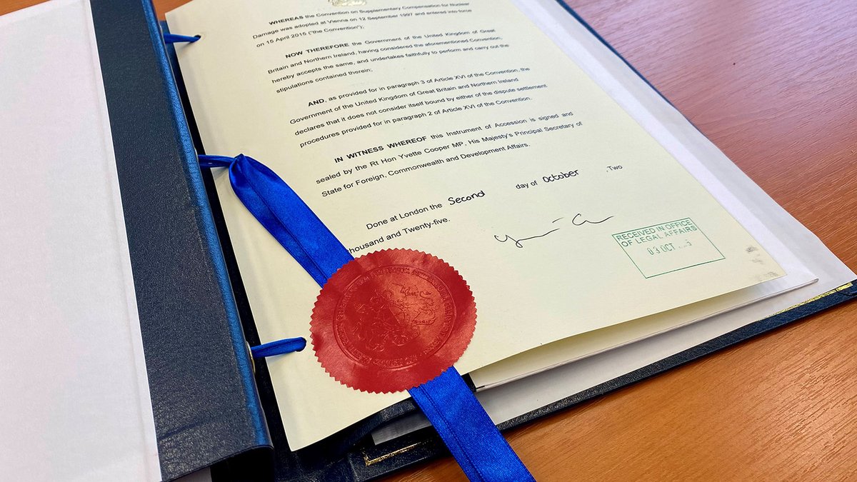 iaeaorg's tweet photo. The United Kingdom deposited its instrument of accession to the Convention on Supplementary Compensation for Nuclear Damage this week. Congratulations!

The UK's addition strengthens the global nuclear liability regime and enhances nuclear power's capacity to support climate change mitigation, economic development and energy security. The CSC will enter into force for the UK on 1 January 2026, making 🇬🇧 the 12th Contracting Party to the Convention.

https://t.co/z0tflAI22S