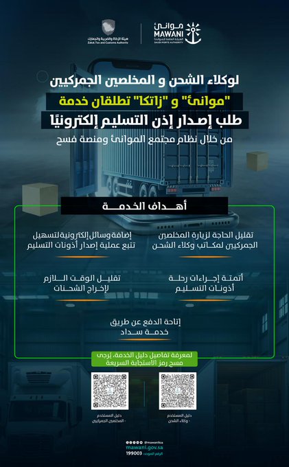 Graphic with Mawani logo at top and Zatca logo below, Arabic text announcing electronic delivery permit service via Ports Community System and Fasah platform for customs clearance, shipping containers stacked in background, two QR codes at bottom left and right, Mawani watermark at bottom.
