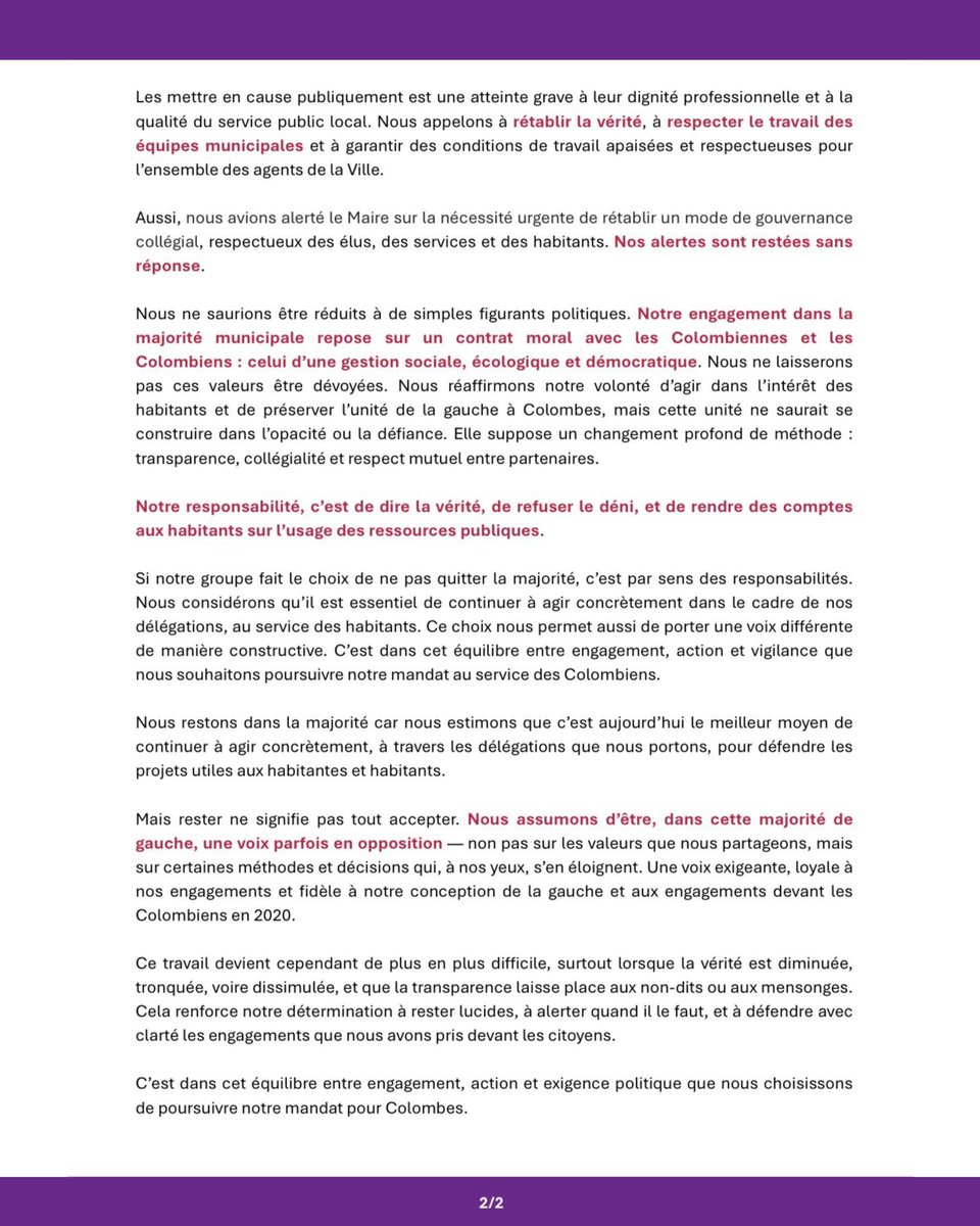 🔴 « Nous refusons de cautionner un fiasco démocratique et budgétaire ». 

Face au fiasco du bilan de mandat publié sans concertation, nous réaffirmons notre attachement à la transparence, à la collégialité et au respect des agents et des élus ⤵️