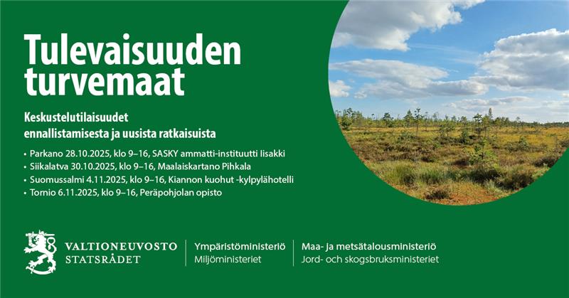 Vielä ehdit ilmoittautumaan mukaan Tulevaisuuden turvemaat -keskustelutilaisuksiin! 🔊
 
🔗 Lue lisää ja ilmoittaudu mukaan 20.10. mennessä osoitteessa mmm.fi/-/tulevaisuude… 🔗