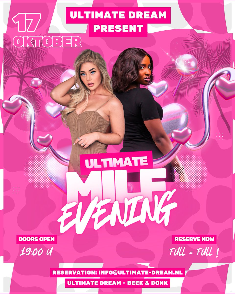 Vrijdag 17/10 | Ultimate MILF Evening bij Ultimate Dream 💋

Een avond vol verleiding, spanning &amp; plezier!
📍 Beek en Donk | 🕖 19:00–01:00
💶 Koppels €90 | Dames €45 | Heren €100

Aanmelden: info@ultimate-dream.nl
👉 ultimate-dream.nl/ultimate-milf-…

#UltimateDream #MILFEvening