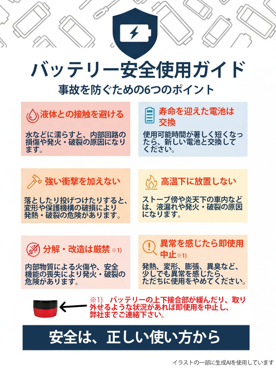 cocoangel412's tweet photo. 最近、モバイルバッテリー火災のニュースを目にする事が増えましたね。

弊社の充電式エアブラシのバッテリーも、モバイルバッテリーに比べると容量も少なく、安全テストもクリアしていますが、リチウムイオンバッテリーです。

ここで一度、製品を安心してお使いいただくために「6つのポイント」をまとめましたので、SOULPOWERユーザーの方は是非ご一読下さい。

【🔋バッテリーの安全使用ガイド🔋】

✅ 液体接触を避ける
✅ 強い衝撃を加えない
✅ 寿命電池は即交換
✅ 分解・改造は厳禁
✅ 高温放置はNG
✅ 異常時は即中���

詳細は画像で確認👇 安全は正しい知識から！
