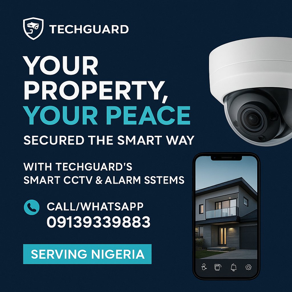 TechGuardNg's tweet image. Your home or business deserves the best protection.
With TechGuard’s Smart CCTV &amp;amp; Alarm Systems, you can monitor and secure your space in real time — from anywhere.
No blind spots. No worries.
Just total peace of mind.

📞 Call/WhatsApp: 09139339883
Serving clients across Nigeria
