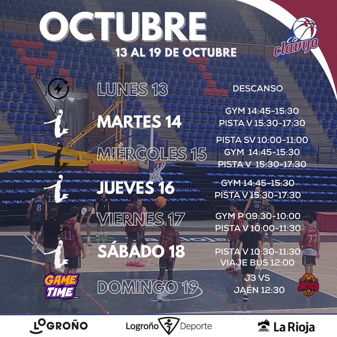 Club Baloncesto Rioverde CLAVIJO (@cbclavijo) on Twitter photo 🗓️ PLAN SEMANAL / 13 al 19 de octubre
#SomosClavijo #VamosClavijo #LogroñoEsBaloncestoClavijoEresTú 🗓️ PLAN SEMANAL / 13 al 19 de octubre
#SomosClavijo #VamosClavijo #LogroñoEsBaloncestoClavijoEresTú