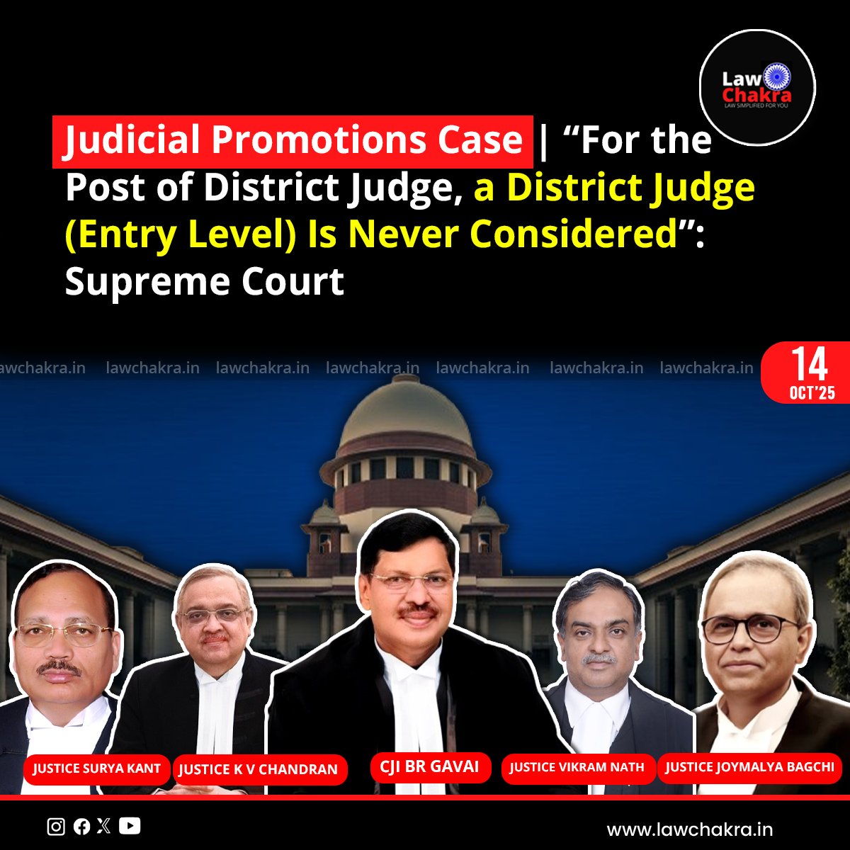 LawChakra's tweet image. Today, On 14th October the Supreme Court decided that it will hear Judicial Promotions Case on October 28–29, with CJI Seeking Data from All High Courts.
For More Details Visit: lawchakra.in/supreme-court/…
#supremecourtindia #promotions #judicial #district #judge