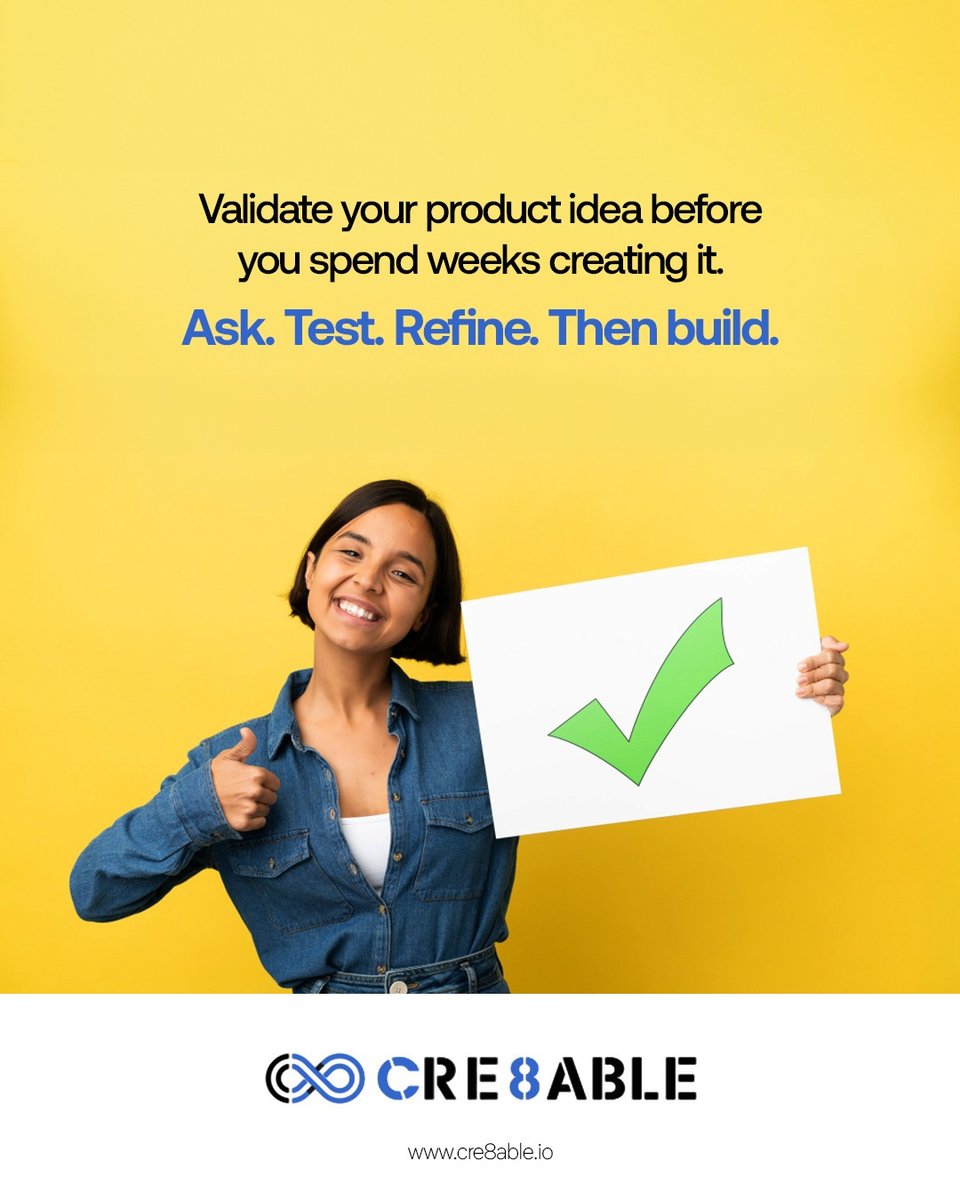 cre8ableio's tweet photo. Don’t build in the dark. 🔍
Creators don’t fail from bad ideas — they fail from skipping validation.

Before creating:
✅ Ask your audience
✅ Share early
✅ Track interest

Validation = your first sale in disguise.

#BuildInPublic #CreatorBusiness https://t.co/5c67LLffeS