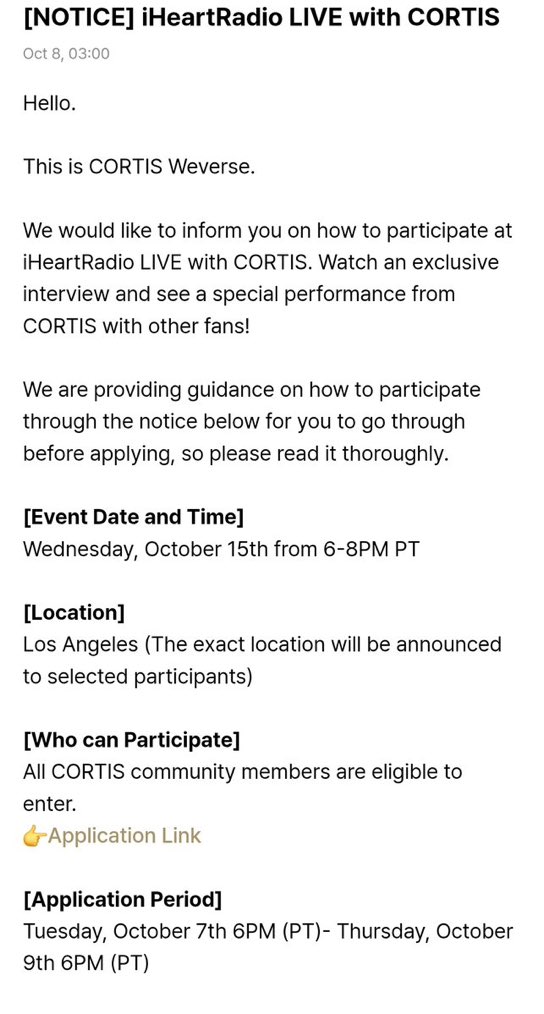 [141025]

CORTIS, 15 Ekim’de saat 18.00–20.00 (PT) arasında iHeartRadio’da yer alacak! 🎙️✨

#CORTIS #코르티스

cr. cortisarchivee