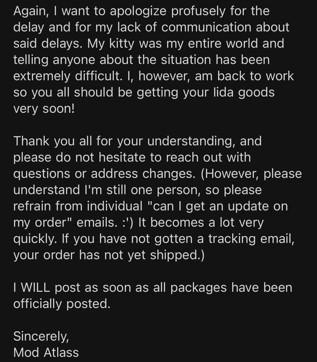 Shipping update! There has been a little delay due to sick kitty, but packages will be going out starting this Saturday! Please read the screenshots for more info!