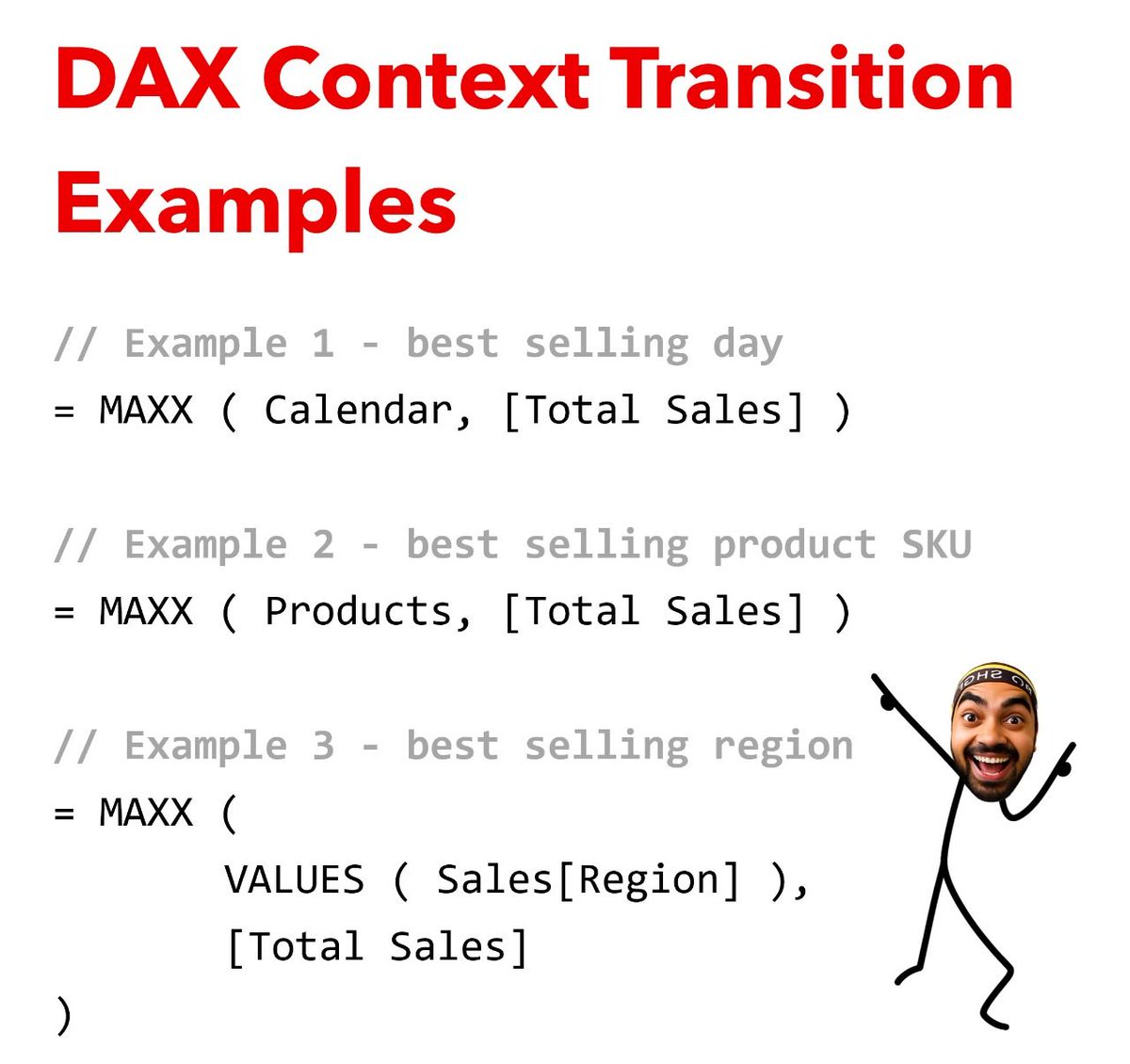 Context Transition in Power BI 
Three similar-looking formulas. 
Three completely different mechanisms. 
Let me break it down 🛠️

📅 Example 1: Best Selling Day
We have an existing Calendar table in our data model. Since it's structured at the day level, MAXX iterates through