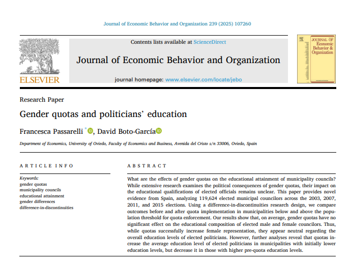 🥳New paper and what a paper! 
Together with Francesca Passarelli, we have studied whether gender quotas in party lists affect the competence (measured through years of schooling) of elected municipal councilors in Spain 👩‍🎓👨‍🎓
