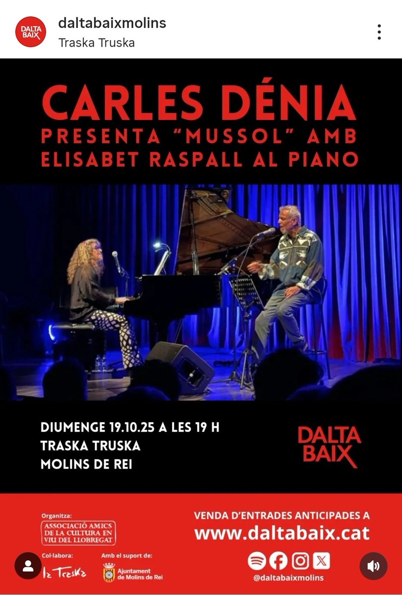 Aquest diumenge torna la temporada regular de <a href="/daltabaixmolins/">Daltabaix - Cultura</a> a la #traskatruska de #molinsderei amb <a href="/CarlesDenia/">Carles Dénia</a> presentant el seu darrer treball #Mussol. Acompanyat d'#ElisabetRaspall al piano.