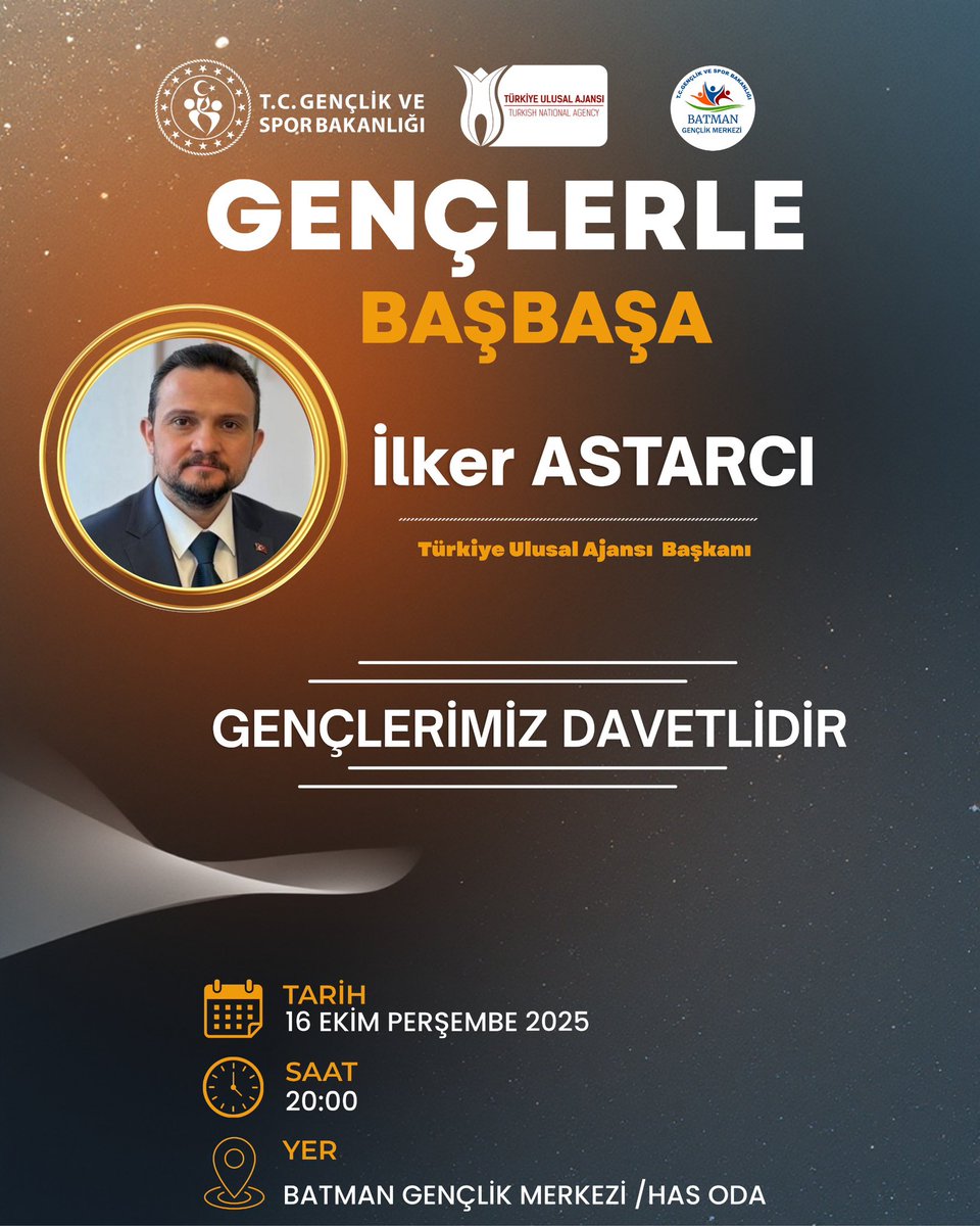 “GENÇLERLE BAŞBAŞA”

🎙️ Konuk: Türkiye Ulusal Ajansı Başkanı Sn. İlker ASTARCI

Gençlerle ilham dolu bir buluşmaya bekleriz!

Ayrıntılı bilgi👇🏻