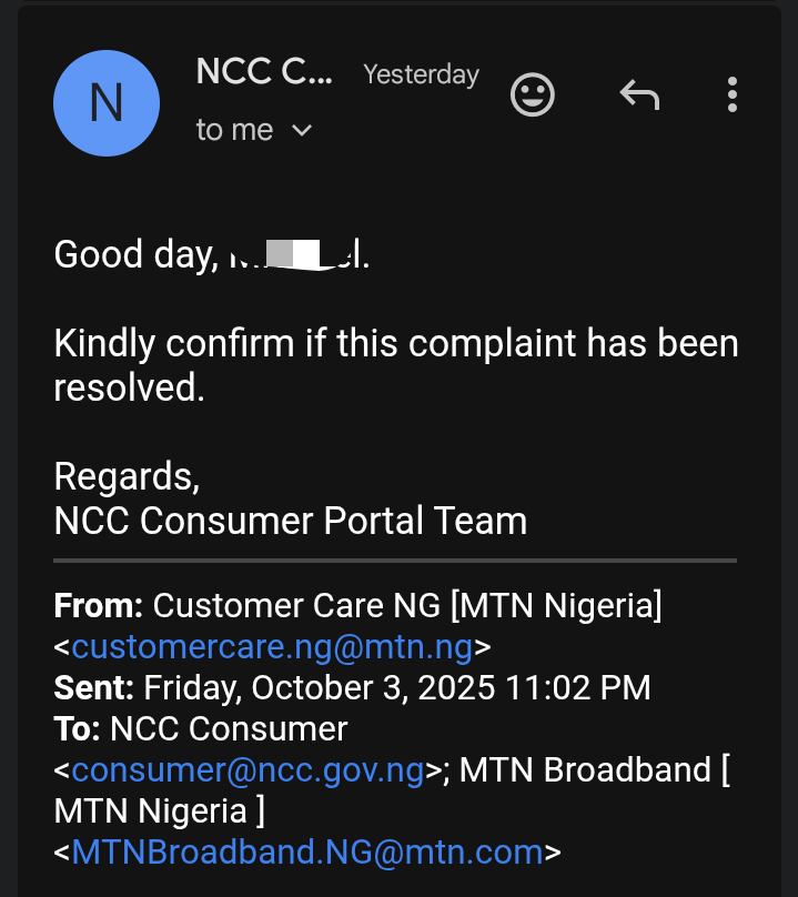 ijongo's tweet photo. MTN’s telemarketer sold me the 50 Mbps FiberX bundle for ₦25k — promising 1 month free.

I paid. Got disconnected instead.
Weeks of silence until I Cc'd the NCC.

Internet restored ASAP

If they scammed you with the same “promo,” escalate to NCC (consumerportal@ncc.gov.ng). https://t.co/SbgUed4Uud