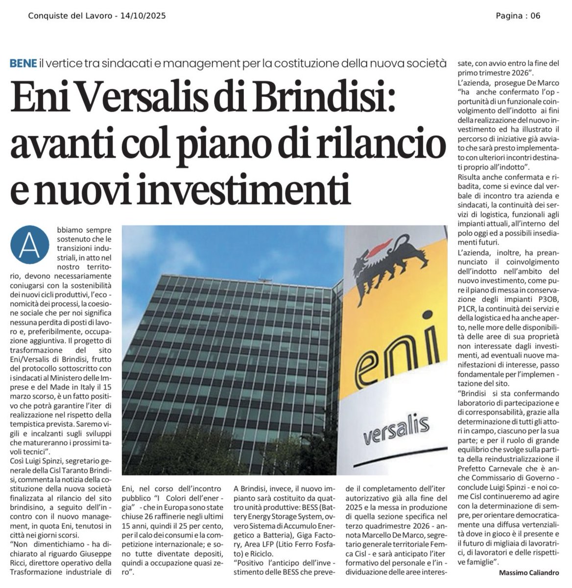 CislTaBr's tweet photo. 🟢 #Eni #Versalis di #Brindisi: avanti col piano di rilancio e nuovi investimenti 🟢
Nota congiunta del #SegretarioGenerale #CISLTarantoBrindisi #LuigiSpinzi e del segretario Generale #FEMCA CISL Taranto Brindisi, #MarcelloDeMarco⤵️
#Conquiste del #Lavoro ~ edizione del 14.10.2025
#CISL #USTCISLTarantoBrindisi #USTCISL #Taranto #Brindisi