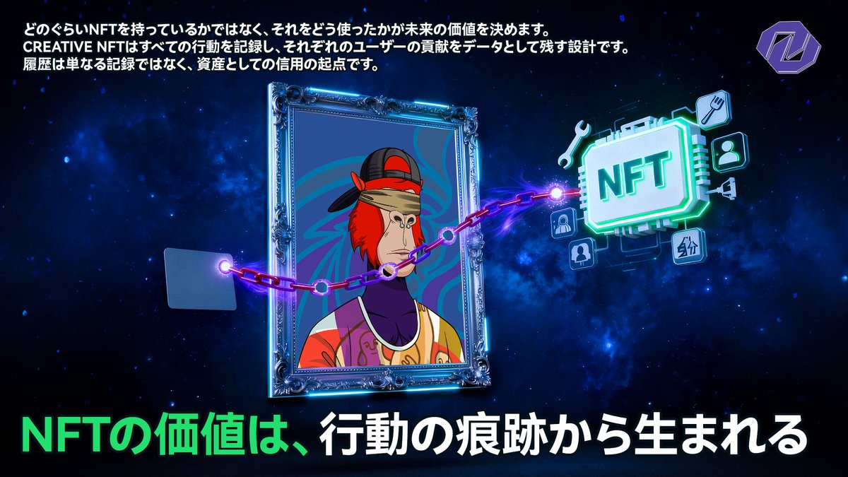CreativeNftLTD's tweet photo. 📍何を持っているかより、何をしたかが問われる時代だ。
🌐 Creative NFTは、すべての行動をデータとして残し、それがNFTの真の価値となる。
🖼 ただの画像ではなく、履歴のある資産へ。
✅ 今すぐ、記録を資産に変えよう。
👉 https://t.co/eeeIkKbx74

#NFT行動記録 #資産構造 #CreativeNFT #日本 https://t.co/YcMXuEj6vY