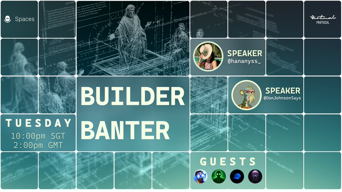 Builder Banter by Virtuals Protocol #3
Hear from top builders in the Virtuals ecosystem as they share how they’re building, scaling, and trading across the agent economy, followed by a live Q&amp;A with the Virtuals team. 

Hosted by <a href="/hananyss_/">Hananyss</a> and <a href="/DonJohnsonSays/">DonJohnson</a>. Featuring leading