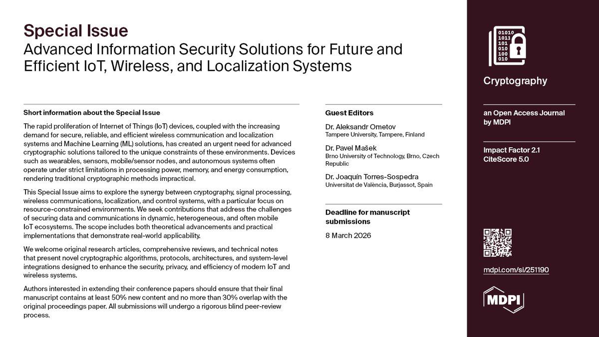Cryptogr_MDPI's tweet image. Call for paper 📢📢
🔔new special issue "Advanced Information Security Solutions for Future and Efficient IoT, Wireless, and Localization Systems"
mdpi.com/journal/crypto…
#cryptography
#secure #localization
#IoT #security
#secure indoor #positioning
#data aggregation